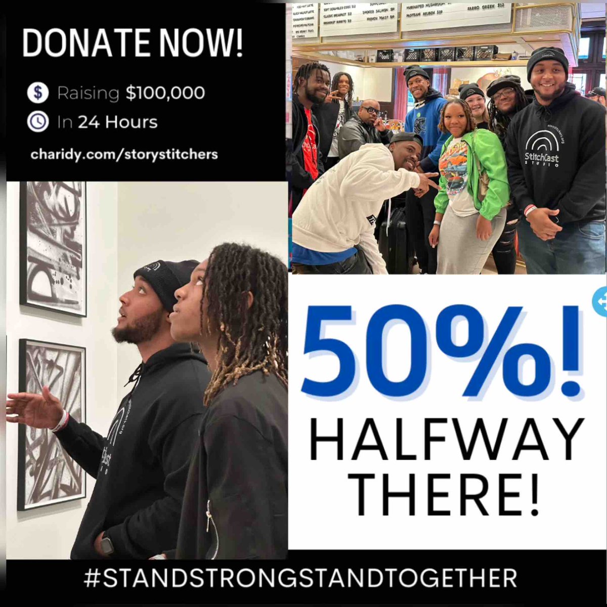 storystitchers's tweet photo. 🎉 Update: $50K reached! 🌟 Halfway to our $100,000 goal! Your $1 donation quadruples its impact, creating a space for learning and healing. 💪✨ #StandStrongStandTogether with us! 🙏 #EmpowerYouth #DonateNow https://t.co/aJfWL2Acsz