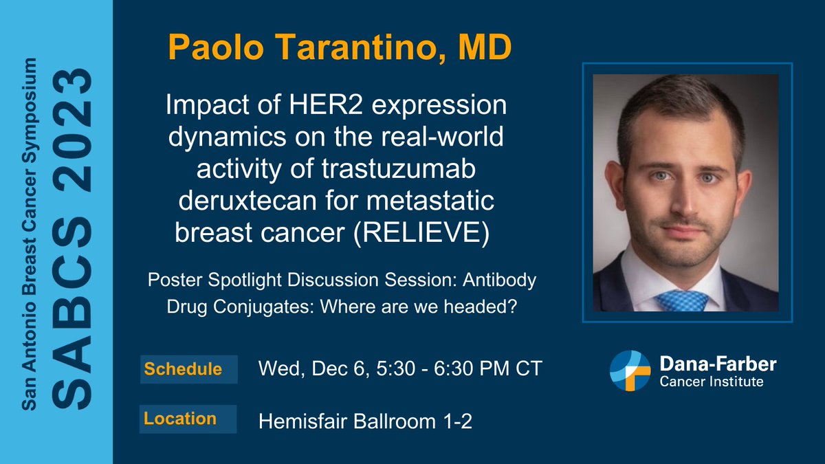 Don't miss Dr. Tarantino @PTarantinoMD discussing the impact of #HER2 expression dynamics on the real-world activity of trastuzumab deruxtecan for #MetastaticBreastCancer in today's Poster Spotlight Discussion on #AntibodyDrugConjugates. #SABCS23 #TDXd #Her2Low #DanaFarberSABCS23