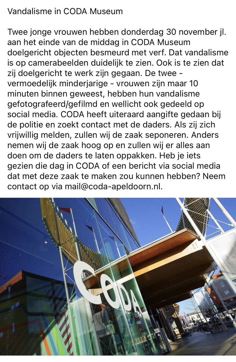 Vandalisme in CODA Museum op 30 november. Iets gezien tijdens je bezoek of op social media? Laat het ons weten!