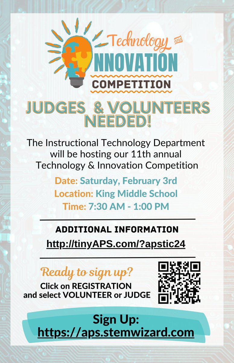 ATL area friends, we need judges & volunteers for the APS Tech & Innovation Competition. @apsupdate @APSInstructTech @APS_TIComp Sign Up: aps.stemwizard.com Click on REGISTRATION Select VOLUNTEER or JUDGE More info: tinyAPS.com/?apstic24 @apssupt @ahrosser @apsitnatasha