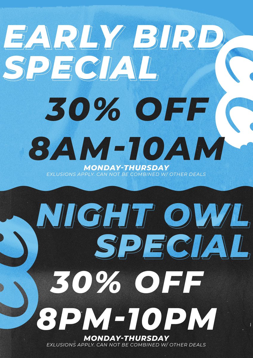 Early Bird &amp; Night Owl Specials!
Monday-Thursday‼️