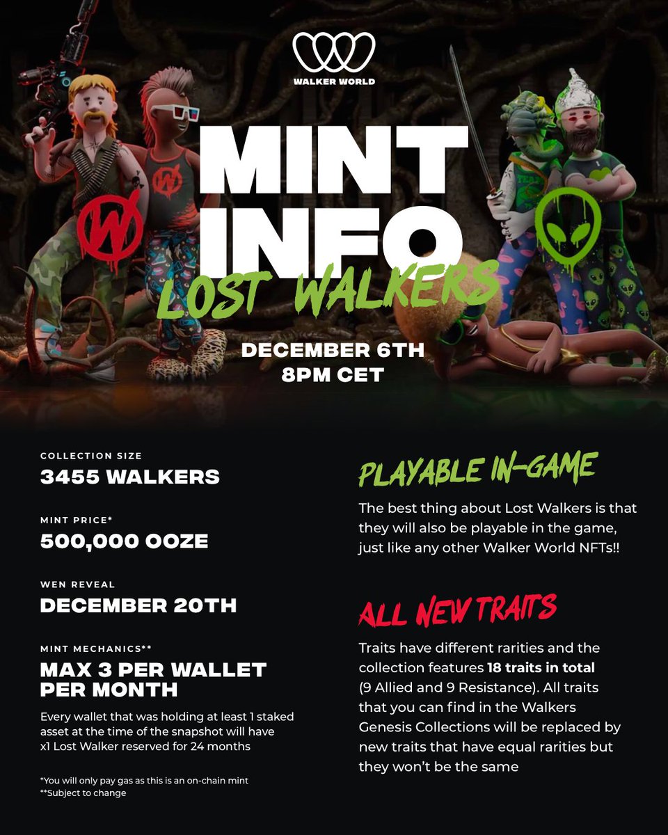 caffeineKarline's tweet photo. All you need to know for todaY's #LostWalkers Mint 🔥🧪🔥🧪🔥@walkerworld_  If you don't have enough Ooze atm,just safe IT and wait till you reach 500k.  1LostWalker is reserved for every Wallet that was holding at least 1 staked Asset at the time of the snapshot #stakingrewards https://t.co/eXyCyxk6hn