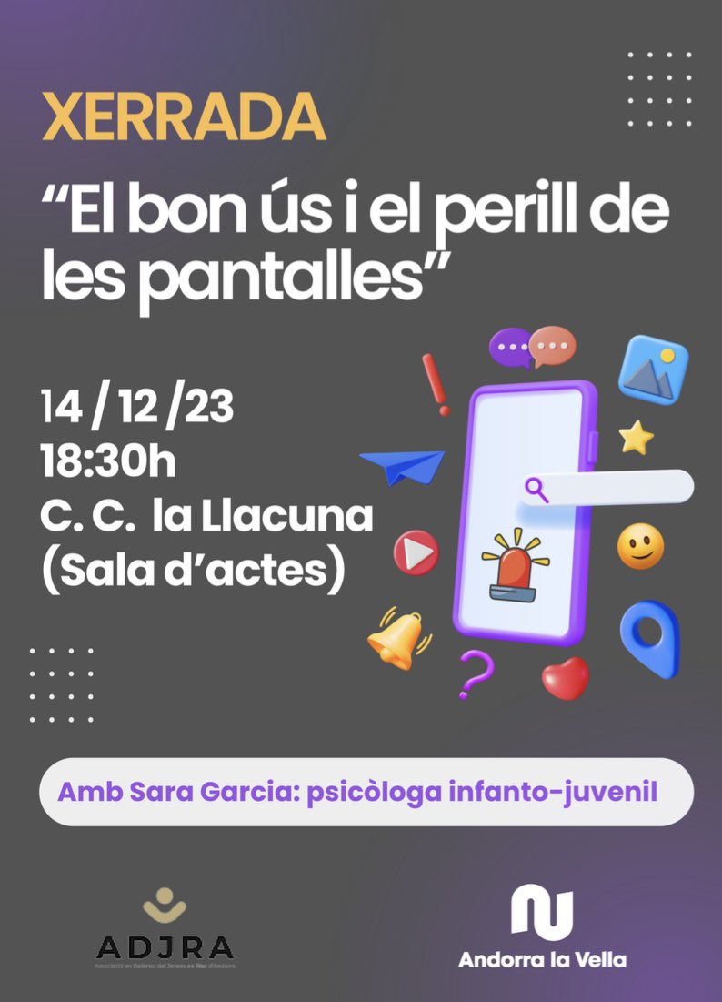 Asso. Defensa Jovent en Risc Andorra (@assorisc) on Twitter photo Avui en dia, les pantalles cada vegada són més nombroses, és per això que és important estar ben informat com fer un bon ús de les tecnologies i quins són els perills <a href="/unicefandorra/">Unicef_ComitèAndorra</a> <a href="/AndorraCapital/">Andorra la Vella</a> <a href="/COPSIA_Andorra/">Col·legi Oficial de Psicòlegs d'Andorra</a> Avui en dia, les pantalles cada vegada són més nombroses, és per això que és important estar ben informat com fer un bon ús de les tecnologies i quins són els perills <a href="/unicefandorra/">Unicef_ComitèAndorra</a> <a href="/AndorraCapital/">Andorra la Vella</a> <a href="/COPSIA_Andorra/">Col·legi Oficial de Psicòlegs d'Andorra</a>