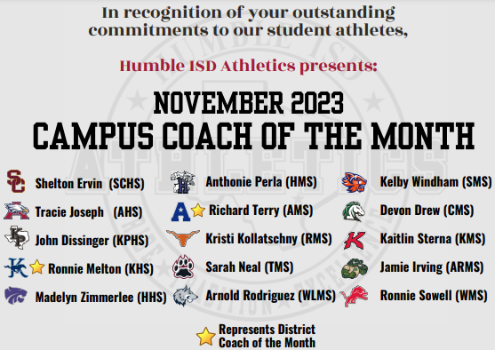 HumbleISD_Ath's tweet photo. 🌟November Coaches of the Month🌟
 
We are proud to have each and everyone of you on our team. Thank you for your commitments to our student athletes and our district.   

Congratulations coaches! https://t.co/2GTFEeiOH0