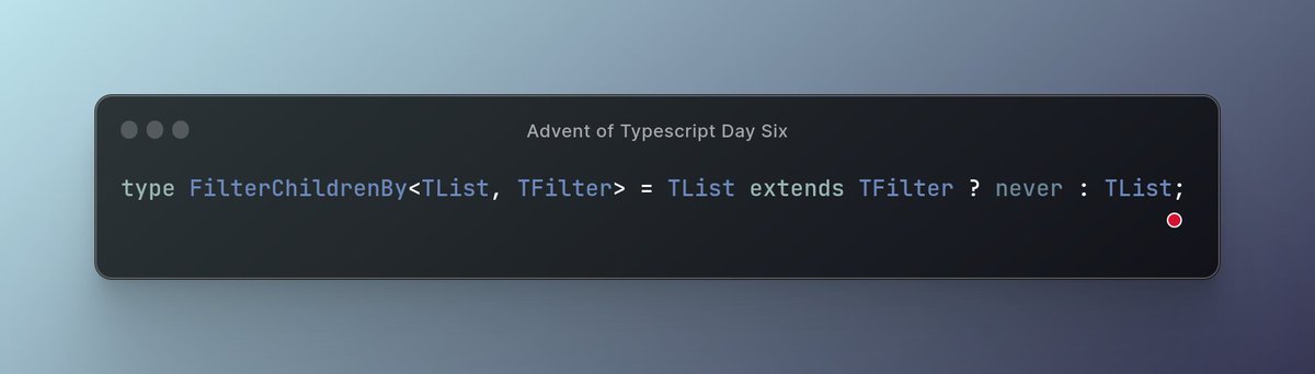 TheDotfilesDev's tweet image. I&apos;ve completed Day Six of #AdventOfTypescript typehero.dev/challenge/day-6