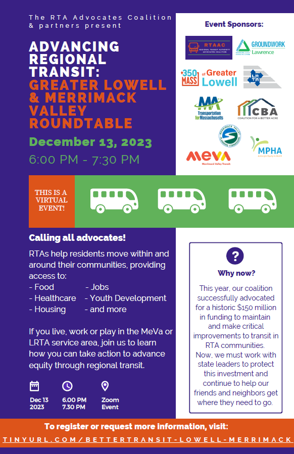 MVPC is proud to sponsor the RTA Advocated Coalition &amp; Partners event on Advancing Regional Transit: Greater Lowell &amp; Merrimack Valley Round Table. Join us for the virtual event on December 13 from 6:00pm to 7:30pm! <a href="/MeVaTransit/">MeVa Transit</a> @MAPublicHealth <a href="/GndwkLawrence/">Groundwork Lawrence</a> <a href="/myLrta/">Lowell Regional Transit Authority</a>