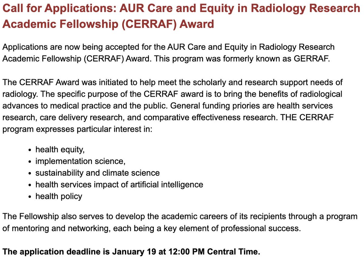 🚨Call for Applications for the AUR Care &amp; Equity in #radiology Academic Fellowship  (CERRAF) Award! Due 1/19/24 at 12pm Central!

aur.memberclicks.net/assets/Awards/…

#radiology #RadEd #MedEd #equity #awards 🚨