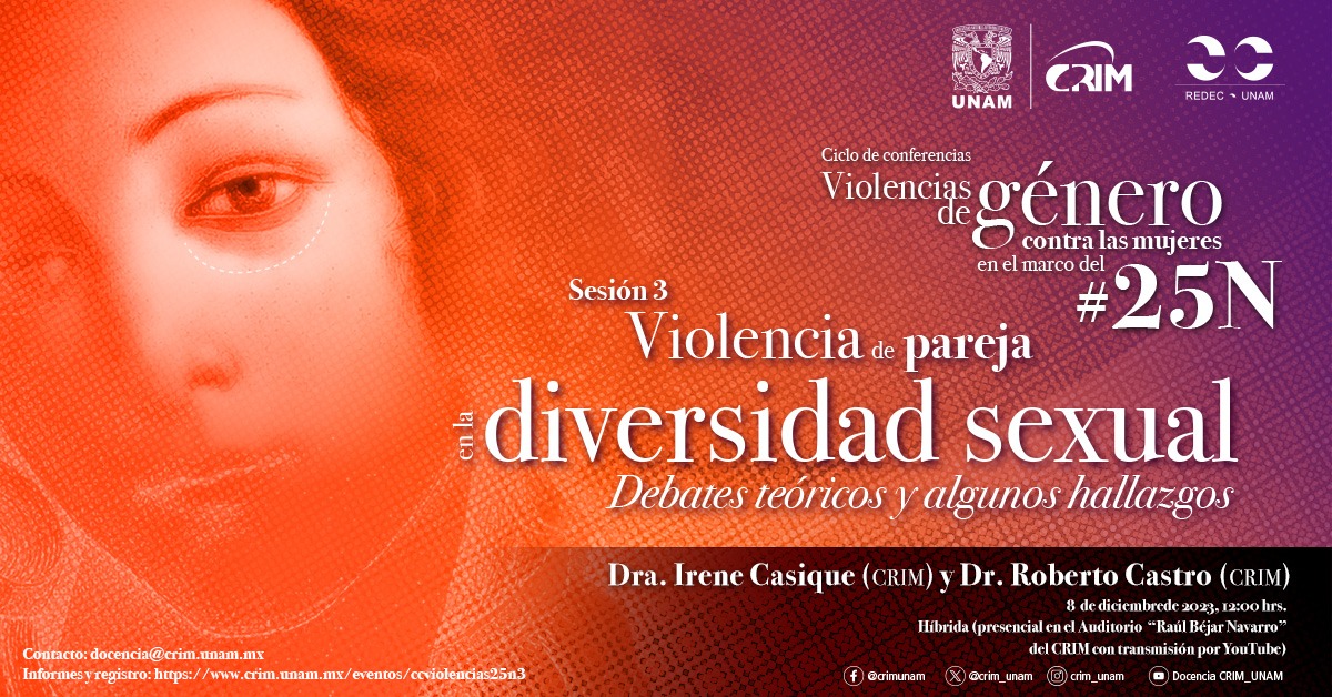 El @crim_unam nos invita al Ciclo de conferencias “Violencias de género contra las mujeres en el marco del #25N” Sesión 3 *Violencia de pareja en la diversidad sexual. Debates teóricos y algunos hallazgos.*🧡💜💚 crim.unam.mx/eventos/ccviol… 💻 youtu.be/Y3ea98F1vdI