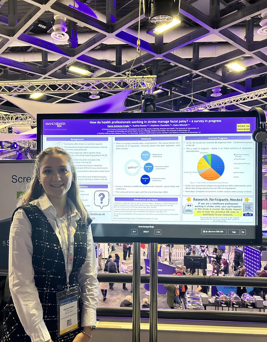 Delighted to have our poster showcased at the UK Stroke Forum 23!😍 #UKSF23 Our survey is still open, and we'd love YOUR insights to shape our study 🌟 Calling all UK healthcare professionals in stroke care 📣 Check out the survey link below!👇 qualtrics.manchester.ac.uk/jfe/form/SV_e9…