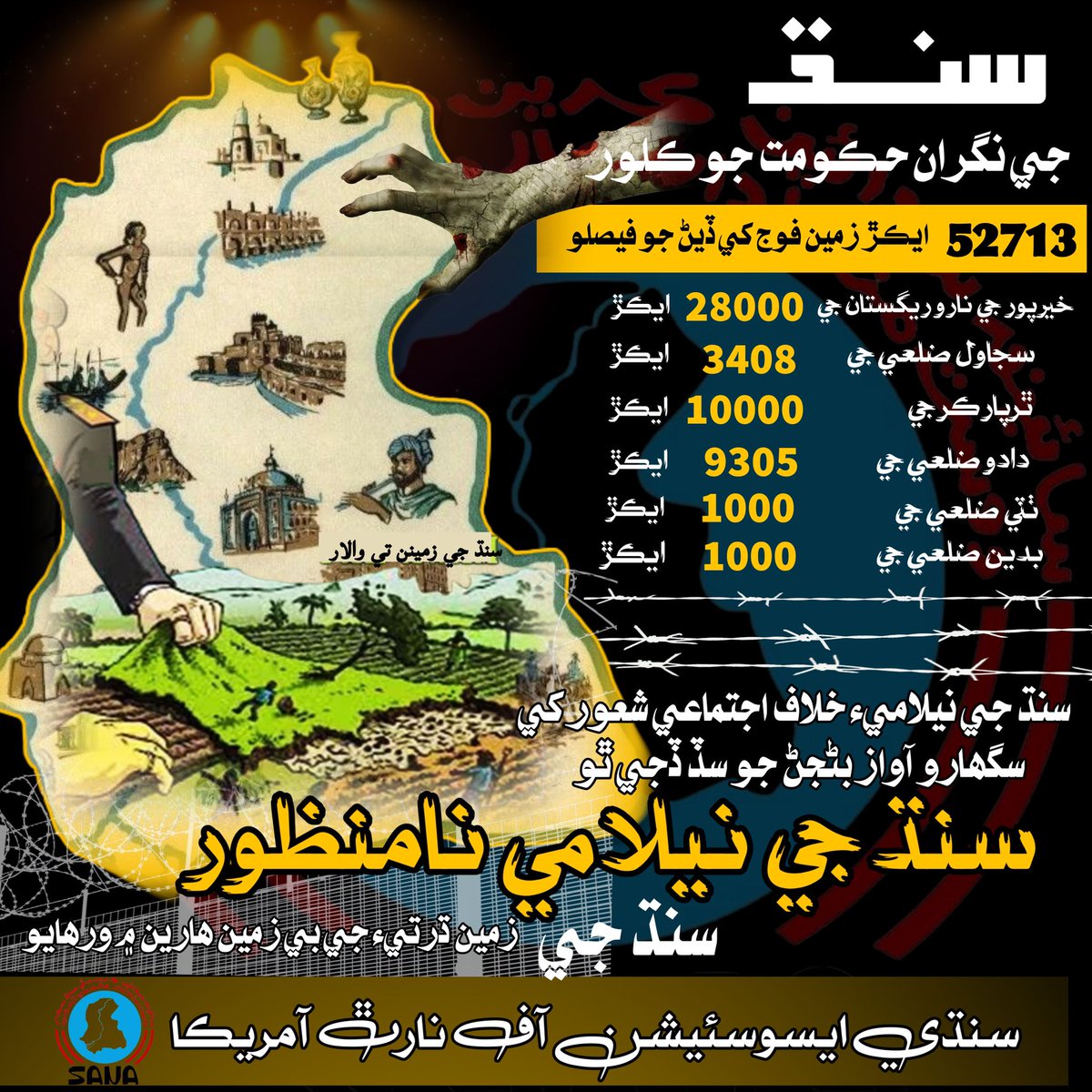 سنڌي جي 52 ھزار ايڪڙ زمين ھڪ فوجي ڪمپنيء کي موجوده نگران سرڪار طرفان ڏيڻ وارو فيصلو رد ڪجي ٿو. اھا زمين سنڌ جي لکين بي زمين ھارين ۾ ورھائي وڃي. 
سانا طرفان سنڌ جي باشعور ڌرين کي گڏجي جدوجھد ڪرڻ جو سڏ 
#SayNotomilitaryfarms #SindhRejectsMilitaryFarms