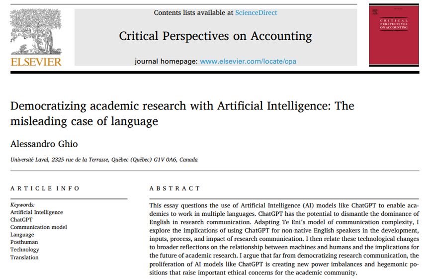 In my #paper in @CriticalPersp I question whether #AI models like #ChatGPT may foster the democratization of research communication for #non-native #English #speakers. sciencedirect.com/science/articl…