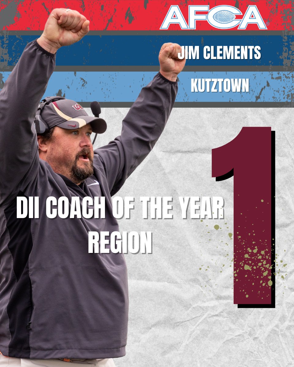 AFCA (@weareafca) on Twitter photo The AFCA DII Regional Coach of the Year for Region 1 is <a href="/KUHC_Clements/">Jim Clements</a> head coach for <a href="/KUBearsFootball/">Kutztown Football 🐻</a>
Read More Here ▶️tinyurl.com/AFCA-RCOTY The AFCA DII Regional Coach of the Year for Region 1 is <a href="/KUHC_Clements/">Jim Clements</a> head coach for <a href="/KUBearsFootball/">Kutztown Football 🐻</a>
Read More Here ▶️tinyurl.com/AFCA-RCOTY