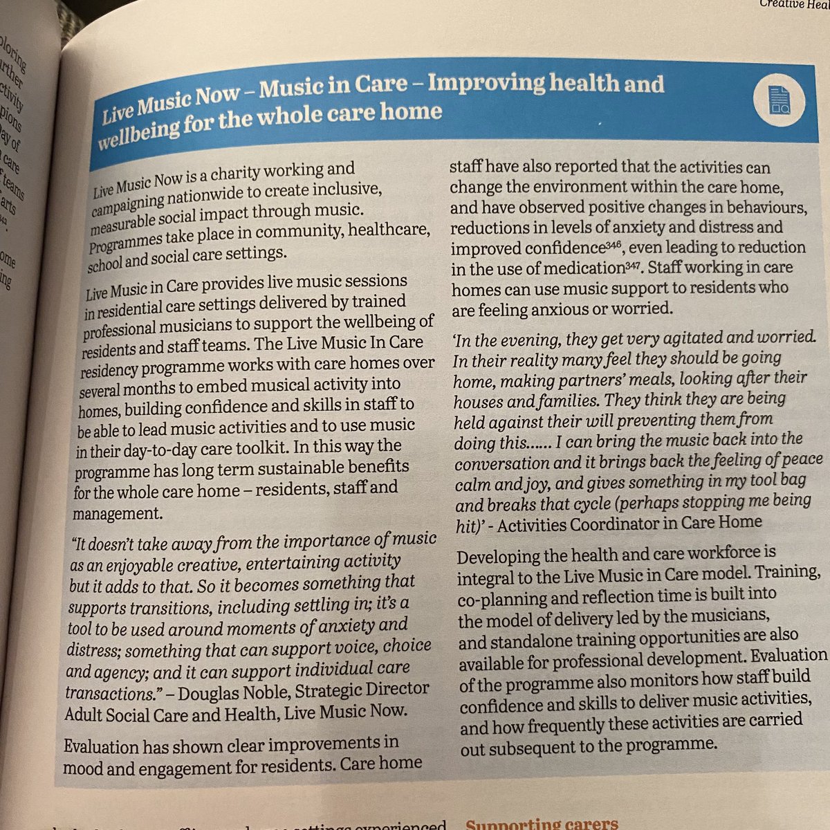 It’s really great to see the hard work and achievements of the people who live & work in care homes, the team at @LiveMusicNowUK  and our fabulous musicians, recognised in the #CreativeHealthReview @TheNCCH ; referencing our @careuk Appleby House Case Study