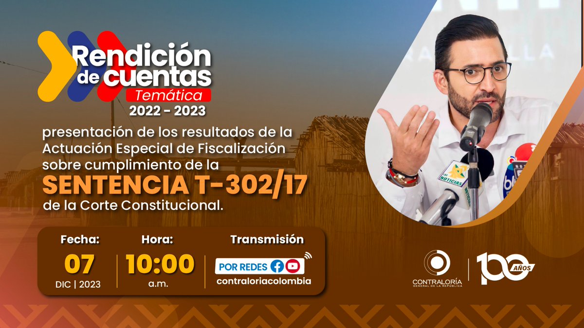 CGR_Colombia's tweet photo. Este jueves 7 de diciembre,desde las 10:00 am, participe en la Rendición de Cuentas Temática Presentación de los resultados de la Actuación Especial de Fiscalización sobre el cumplimiento de la Sentencia t-302/17 de la Corte Constitucional
https://t.co/aS2CoQlhuQ
#RendicionesCGR https://t.co/ZFiPQq1WPs