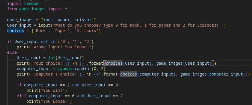 ludivin_seunda's tweet photo. Rock✊, paper🫱, scissor✌️. It is the Python program I wrote on Day 2 of the #100DaysofCodeinPython.
Github: https://t.co/tW1ubXJwOn https://t.co/QNxM1eRhqx