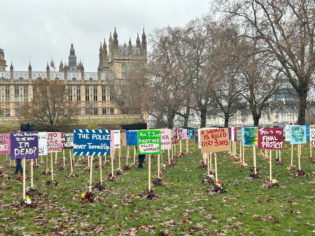 We were proud to support <a href="/KilledWomennw/">Killed Women</a> yesterday in their event to mark a year since their launch.
Each sign represents one of 108 women killed in circumstances in which a man is the principal suspect in the UK in the last 12 months.