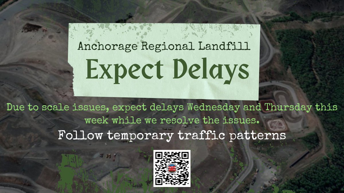 Solid Waste Services (@moa_sws) on Twitter photo Expect delays for the next few days at the Anchorage Regional Landfill while the scales are being repaired. Please follow flaggers and temporary traffic patterns. Email swcs@anchorageak.gov for questions or visit our website for updates. Please share, thank you! Expect delays for the next few days at the Anchorage Regional Landfill while the scales are being repaired. Please follow flaggers and temporary traffic patterns. Email swcs@anchorageak.gov for questions or visit our website for updates. Please share, thank you!