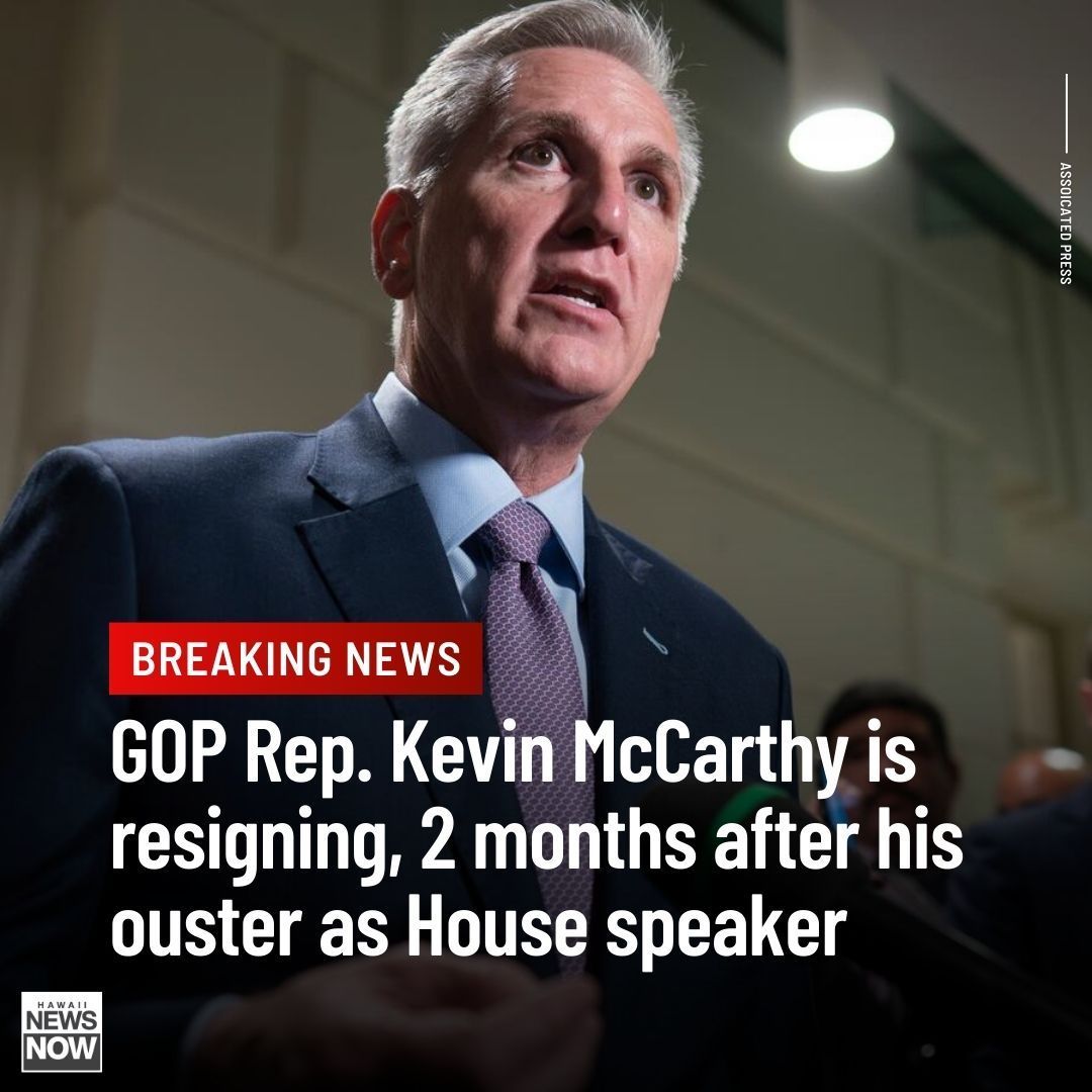 #BREAKING: Two months after his historic ouster as House speaker, Republican Rep. Kevin McCarthy announced Wednesday that he is resigning from his congressional seat in California. MORE: buff.ly/46M0gbn #HNN #NationalNews