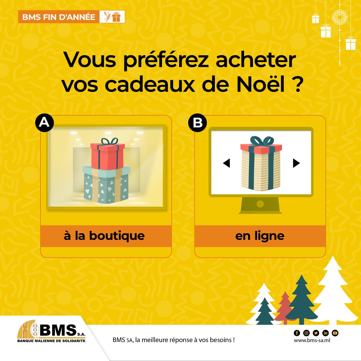 bms_mali's tweet photo. Nous voilà enfin en décembre, immergez-vous dans la magie des fêtes ! Partagez avec nous votre façon préférée de faire vos achats de cadeaux de Noël avec nos cartes Visa JIGI et Mastercard.

#noël #VisaJigi #Mastercard #Bms #banquemaliennesolidarité https://t.co/idHgTf8V3l