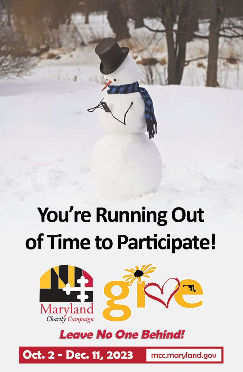 marylandcharity's tweet image. The #Maryland #Charity Campaign is nearly over. If you haven't donated yet, you're running out of time! mcc.maryland.gov #MCCMatters