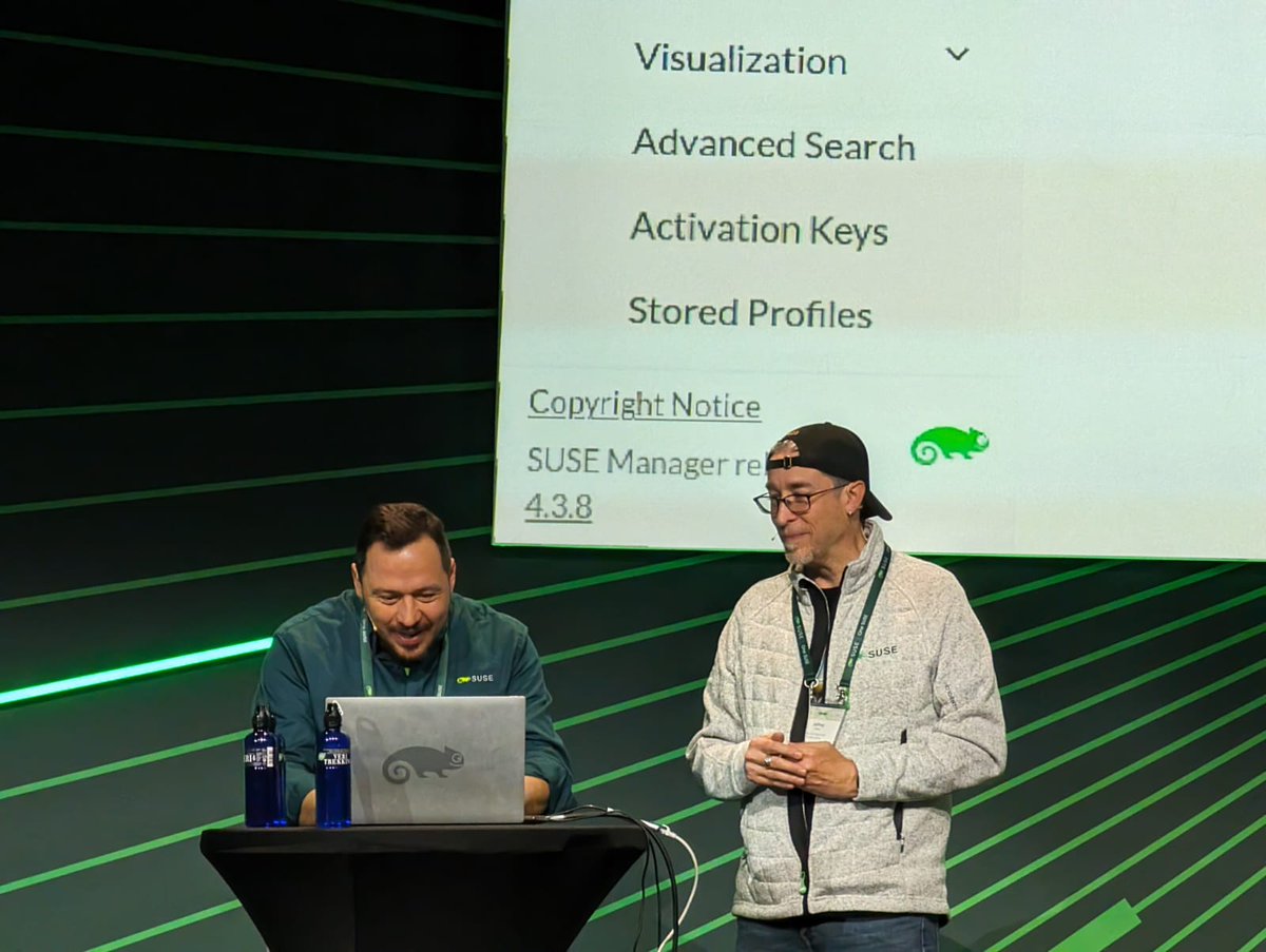 mmmmmmpc's tweet photo. Doing a demo, during the #SKO keynote with Jeff Price and @t_di_g was an honor. Thank you for sharing the stage with me, and for the opportunity of talking about @SUSE  Manager #SUMA and @SUSE  #Liberty #Linux to hundreds ... Thank you! https://t.co/E4GJpX7dUW