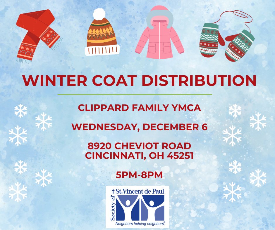 Our second winter coat distribution is happening TODAY at the Clippard Family YMCA located at 8920 Cheviot Road from 5-8pm. 🧤❄️🧣

Open to any Hamilton County resident in need of a coat. Please bring ID/verification for each person receiving a coat.