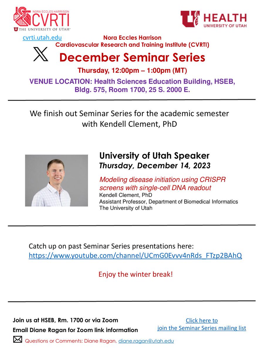 We are finishing 2023 strong with our final seminar speaker for the year, Dr. Kendell Clement! Be sure to tune in 👏🧬

#hearthealth #cardiovascular #research #cardiovascularresearch #cardiovascularhealth #heartdisease #utah #seminarseries