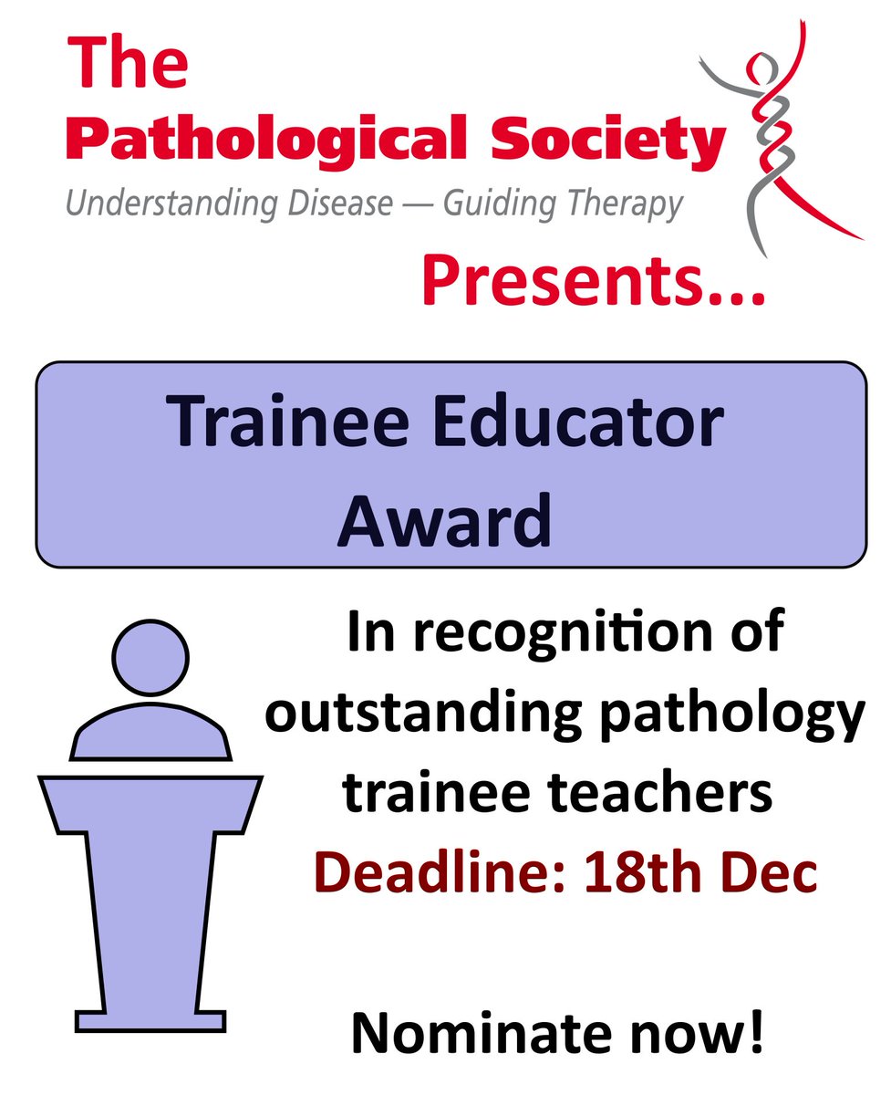 New for 2023-2024, introducing the Trainee Educator Award (TEA) by The Pathological Society. Do you know an amazing pathology trainee who has provided outstanding quality teaching/training activities? 📚🧑‍🏫 If so, nominate them NOW for the TEA. Link here: rb.gy/4h3rls