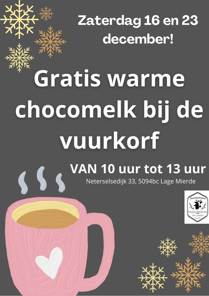 ShannonTempels's tweet photo. KOM JIJ OOK?
Zaterdag 16 en 23 december hebben wij warme chocomelk klaar staan bij de vuurkorf! 

Gemaakt van onze eigen melk en biologische cacao.

Van 10:00 tot 13:00 ben je van harte welkom. 
Achterom waar ook ons vleesverkoop is! 

Neterselsedijk 33, Lage Mierde https://t.co/KzEMl9yGyo