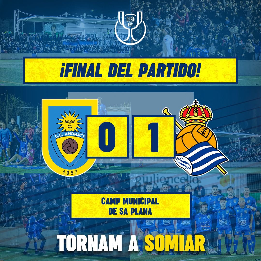 ce_andratx's tweet photo. 🔵🟡No ha podido ser, pero que orgullo de equipo, de afición y de pueblo!

💪Grandes!!

#Repetim❓
#AndratxRealSociedad #LaCopaMola #TornamASomiar https://t.co/S9nk31dDTs