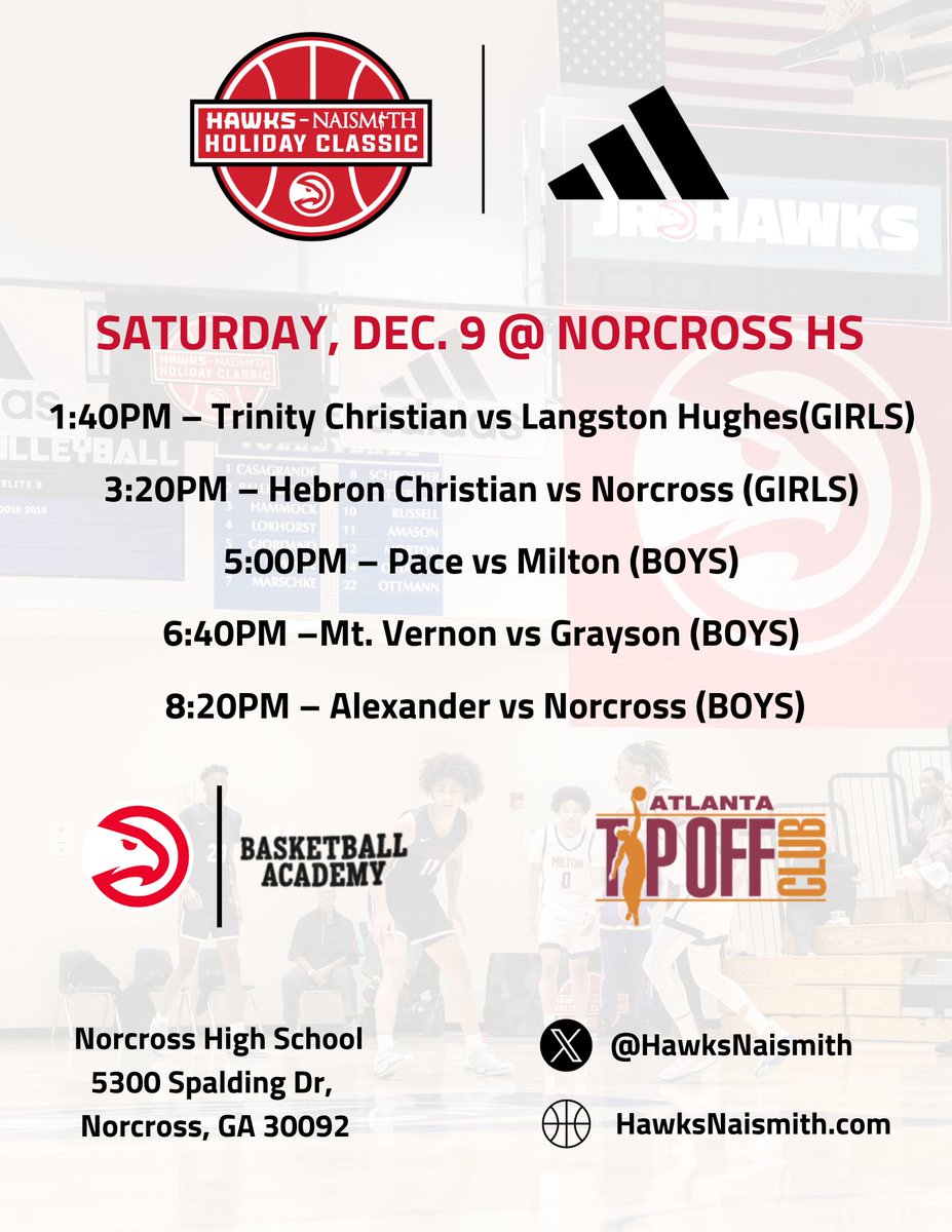 Atlanta Hawks (@atlhawks) on Twitter photo 2023 <a href="/HawksNaismith/">Hawks-Naismith Classics</a> Holiday Classic presented by <a href="/adidasHoops/">adidas Basketball</a> is this Saturday, December 9th!
For tickets and more info: hawksnaismith.com 2023 <a href="/HawksNaismith/">Hawks-Naismith Classics</a> Holiday Classic presented by <a href="/adidasHoops/">adidas Basketball</a> is this Saturday, December 9th!
For tickets and more info: hawksnaismith.com
