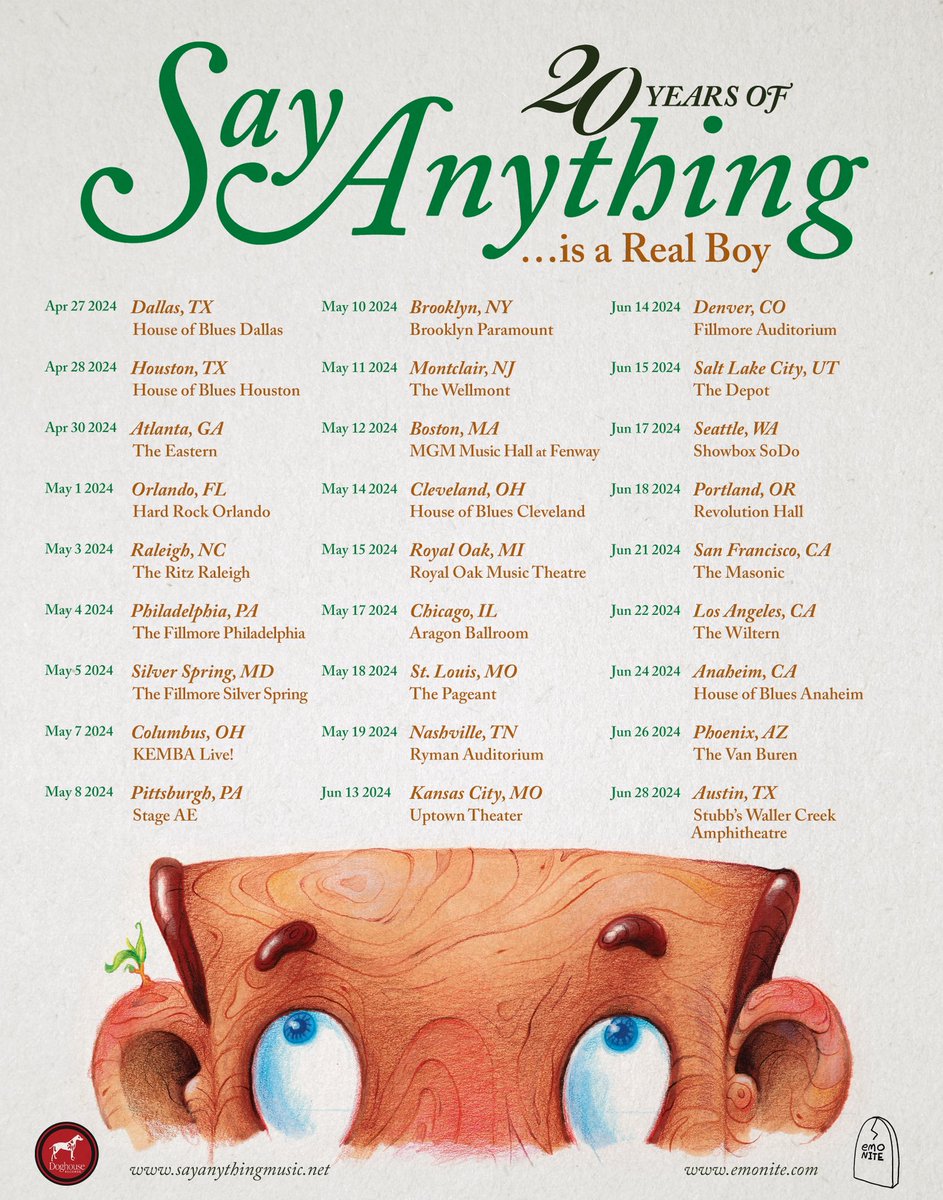 Say Anything returns from a lengthy hiatus to celebrate the 20th anniversary of ..is A Real Boy, performing the entire album on their North American tour. 

Presale today at 1 PM EST
General on sale Thursday at 12 PM EST 

sayanythingmusic.net