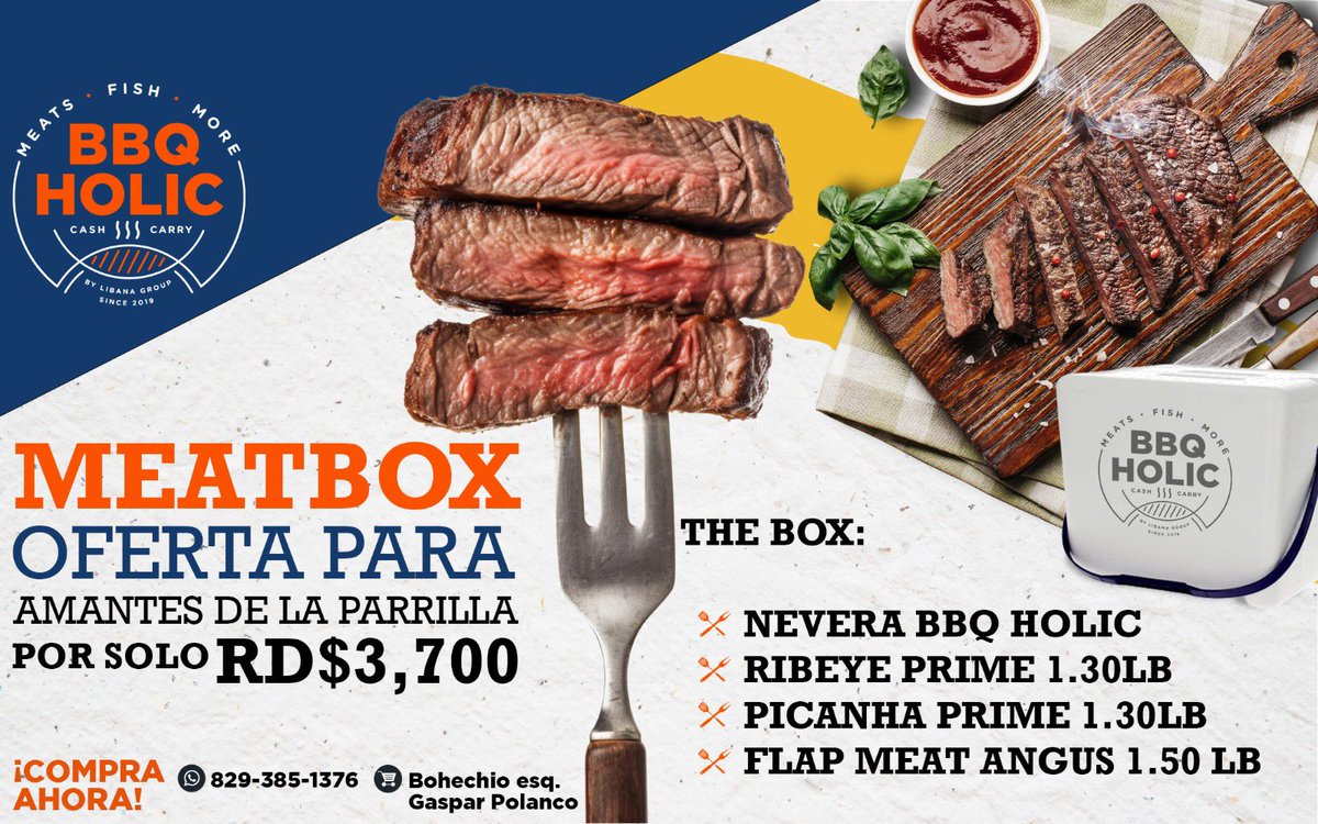 BBQHolic's tweet image. 🔥🍖 ¡Oferta Exclusiva de Temporada! Adquiere el #MeatBox la mejor oferta para amantes de la parrilla como tu.  por solo RD$3,700 y llévate una Nevera BBQ HOLIC más:

🥩 RIBEYE Prime (1.30 lb)
🥩 Picanha Prime (1.30 lb)
🥩 Flap Meat Angus (1.50 lb)

wa.me/message/OQKSEG…