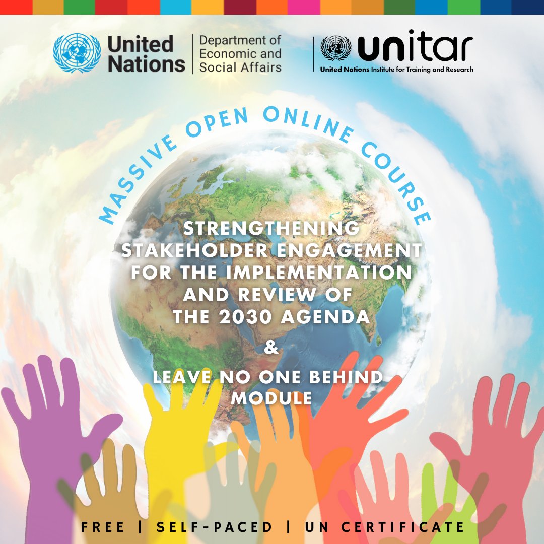 UNITAR's tweet photo. 🚨 Stakeholder engagement is crucial for SDGs. How can institution improve engagement &amp; prepare their VNRs?

Join @UNDESA, @SustDev &amp; UNITAR's #freecourse on strengthening in engagement. Special module on Leave No One Behind is included!

More here: https://t.co/HJ7lQ6ZwVR

#VNR https://t.co/tm3yIAdKph