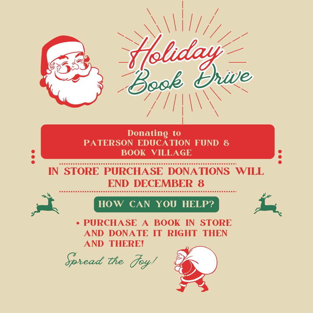 Come purchase a book for our yearly holiday book drive!

This year our donations will go to the Paterson Education Fund and Book Village.

This week is your last chance to purchase a book in store for donation!

#bookdrive #getabookgiveabook #holidaybookdrive #bnbookdrive