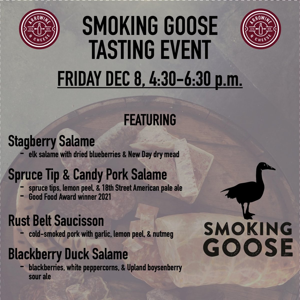 Just a preview of the <a href="/SmokingGoose/">Smoking Goose</a> goodness we have for you tomorrow....  Stop by the shop and grab some treats for your holiday platters!