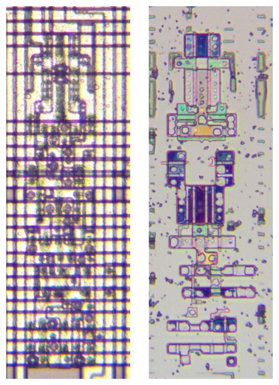 Two die photo closeups. The first shows the complex grid of horizontal and vertical wiring. The second shows the underlying silicon and transistors.
