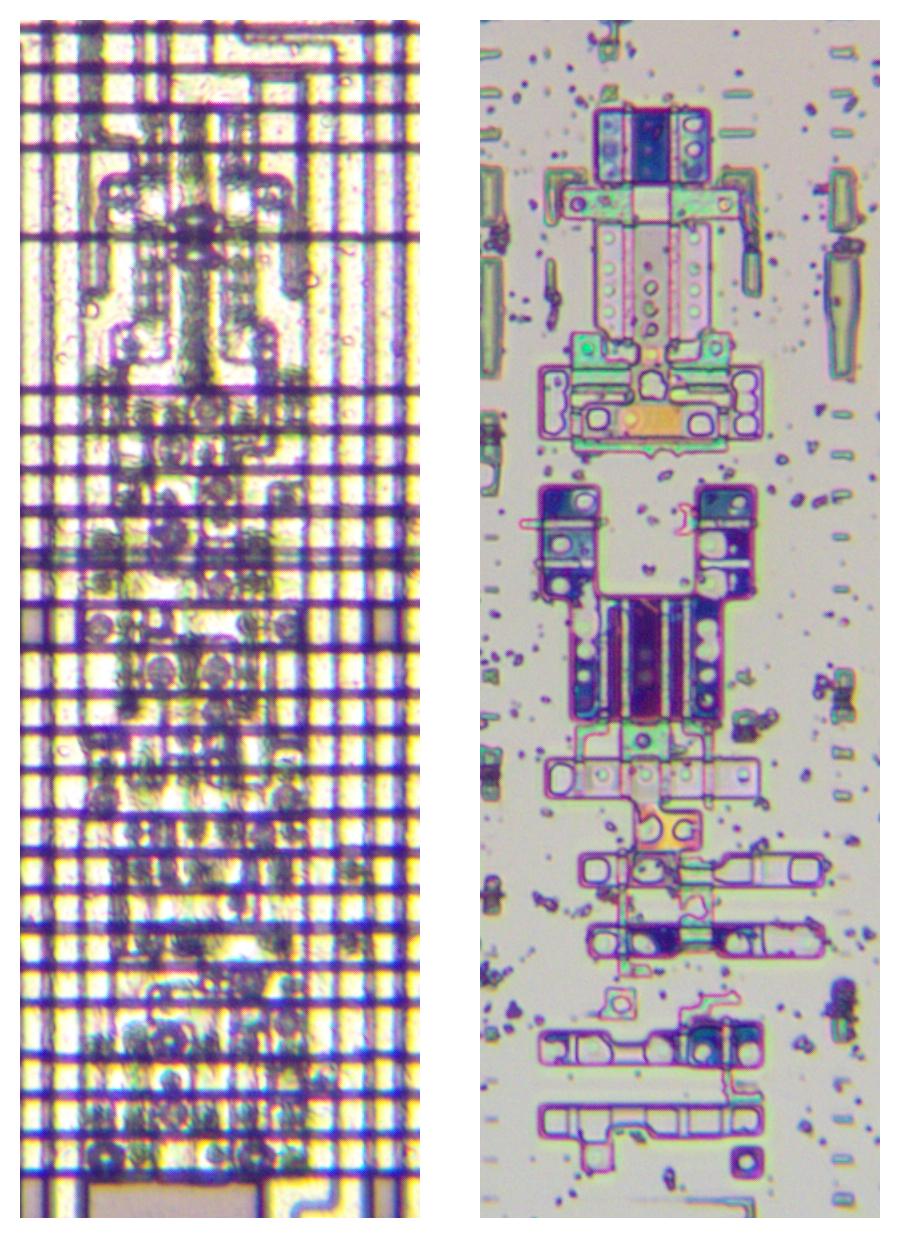 Two die photo closeups. The first shows the complex grid of horizontal and vertical wiring. The second shows the underlying silicon and transistors.