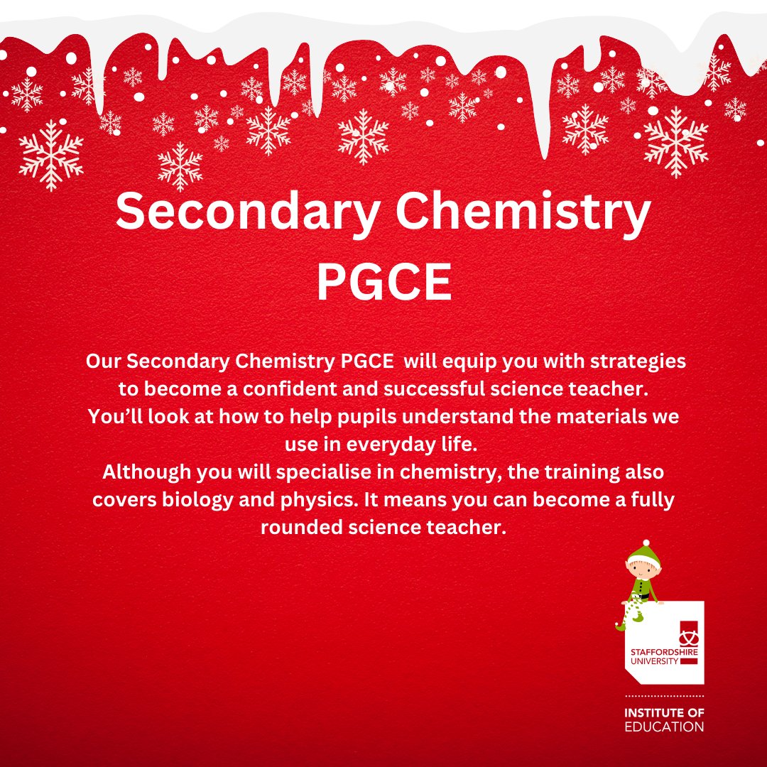 UniofStaffsIOE's tweet photo. Spotlight on our amazing PGCE courses for the #12daysofchristmas from the IOE 🎁   
Take a look: https://t.co/MmDQERw6vs

#PGCE #IOEStaffs #WhereYouMatter #Traintoteach #christmas #Getintoteaching @staffsuni #University #UKUniversity #Teaching #Chemistry #ScienceTeacher https://t.co/q1RJQrn4iD