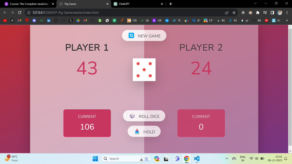 nirbhay_74's tweet image. Day 10 of #30daysofcodingchallenge
Started building Pig game project , implemented some of the functionalities. will finish this project by tomorrow.
#webdevelopment #javascript