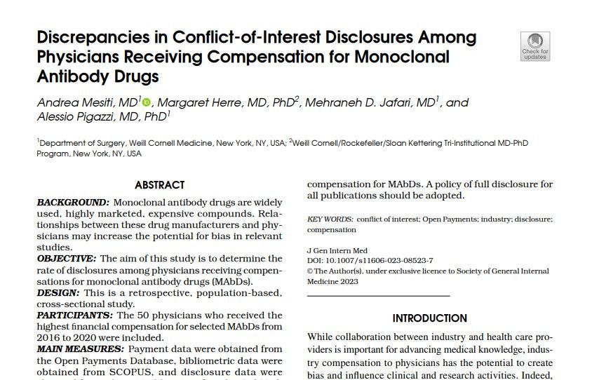 Despite the public availability of physician-industry financial data, this study finds surprisingly low rates of disclosure of conflicts of interest in research publications. Read more here @AndreaMMesitiMD @margo_herre @D_JafariMD buff.ly/4a6D3U4