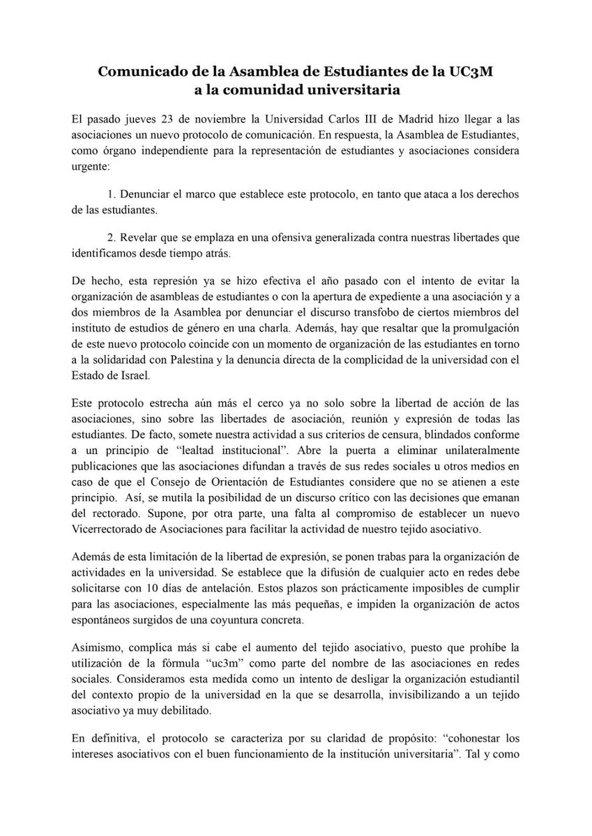 AsambleaUC3M's tweet photo. Comunicado de la Asamblea de Estudiantes de la UC3M en relación con el protocolo de comunicación de las Asociaciones

Consideramos que supone un ataque frontal a la libertad de expresión de las asociaciones, y que pretende la censura del movimiento estudiantil crítico. https://t.co/xSnXi8qaoB