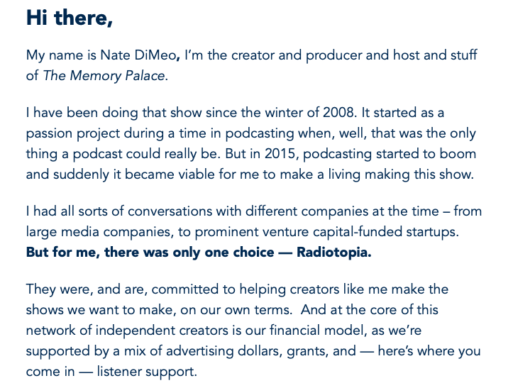 A lovely note from @thememorypalace about why Nate chose (and continues to choose) Radiotopia...