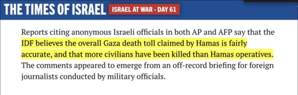 🚨'Reports citing anonymous Israeli officials in both AP and AFP say that the IDF believes the overall Gaza death toll claimed by Hamas is fairly accurate, and that more civilians have been killed than Hamas operatives.'