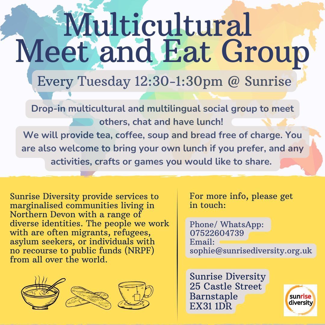 Our new Multicultural Meet and Eat Group is starting next Tuesday the 12th December! Drop in between 12:30-1:30pm every Tuesday at Sunrise to meet others from around the world, chat and have lunch 🥣 🥖 ☕