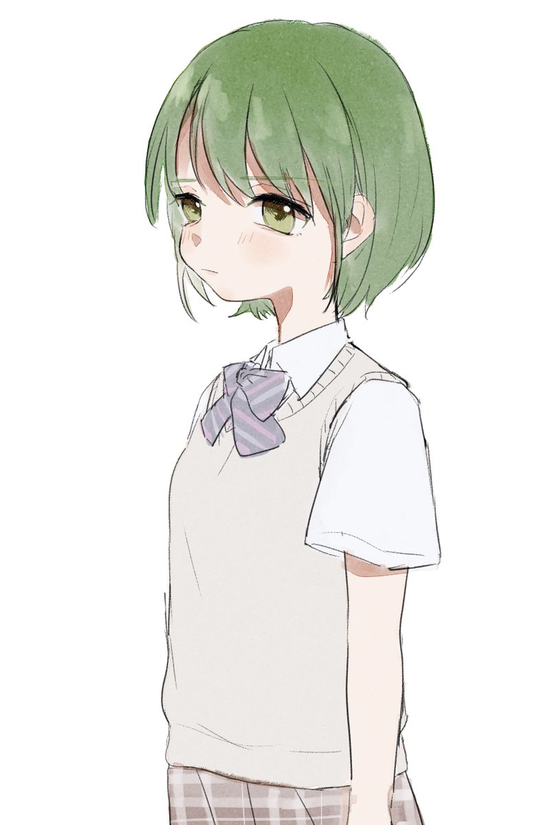 1girl solo green hair green eyes short hair white background skirt  illustration images