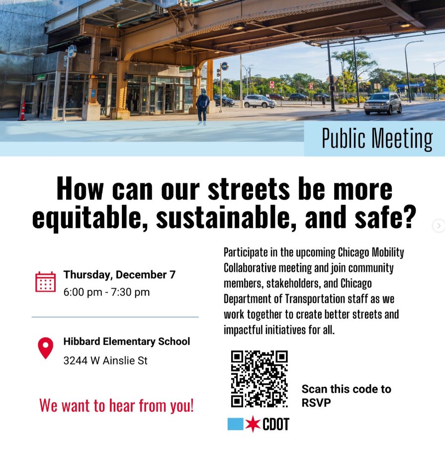 Tomorrow! Join @ChicagoDOT, @CTA, and MPC in the next Chicago Mobility Collaborative virtually or in-person to share ideas & create better transportation for all. Thurs 12/7, 6-7:30 pm Hibbard Elementary School (Albany Park) & Virtual Sign up here: cloud.citynews.chicago.gov/CMC_December20…