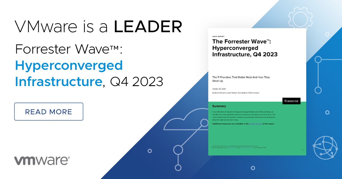 We're finishing the year on a strong note! 🦾 See why @VMware was named a LEADER in The Forrester Wave™: Hyperconverged Infrastructure, Q4 2023 report: bit.ly/472HuwU