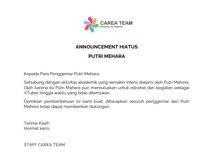 CareaTeam's tweet photo. ANNOUNCEMENT HIATUS PUTRI MEHARA https://t.co/zxtX7jaMk0