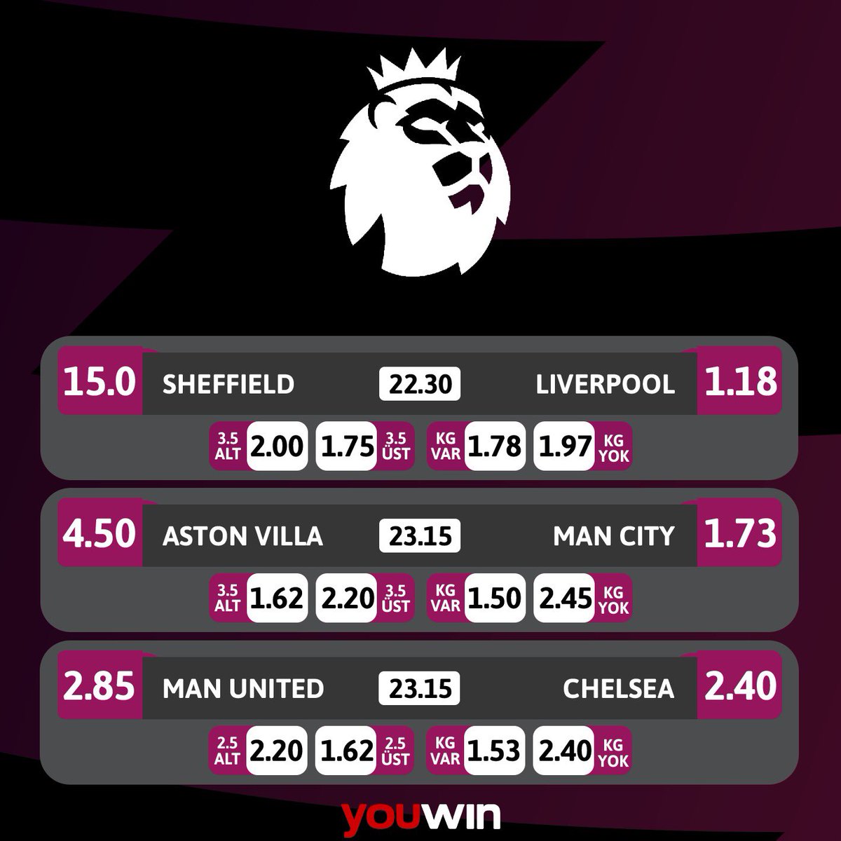 🦁Premier Lig’de hafta içi mesaisi 🔥 Sheffield 🆚 Liverpool Aston Villa 🆚 Man. City Man. United 🆚 Chelsea Yüksek oranlar için hemen giriş yap📲
